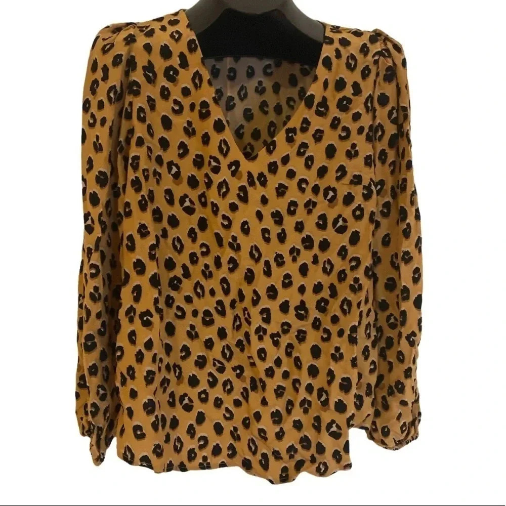 A new day vintage Leopard print Elegant long sleeves V-neck blouse Sz L - Picture 3 of 14